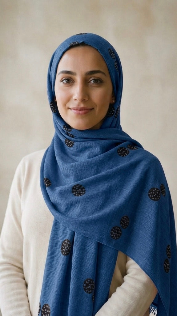 Lawn Block Print Hijab | Shinny Circles | Blue