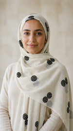Lawn Block Print Hijab | Shinny Circles | Cream White