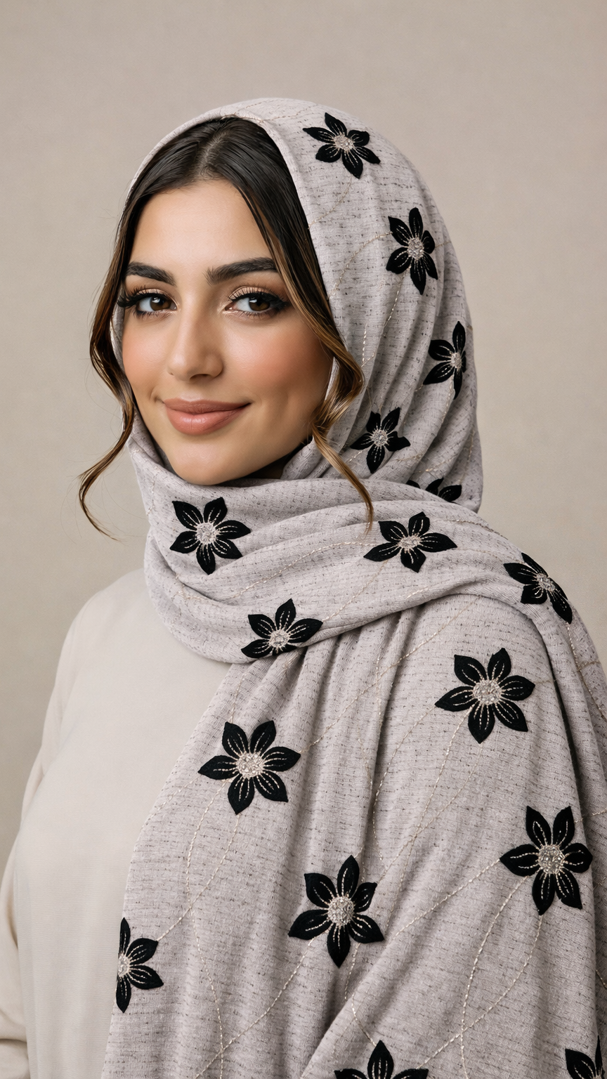 Threaded Lawn Floral Hijab | Floral | Silver Grey