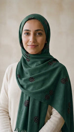 Lawn Block Print Hijab | Shinny Circles | Dark Green