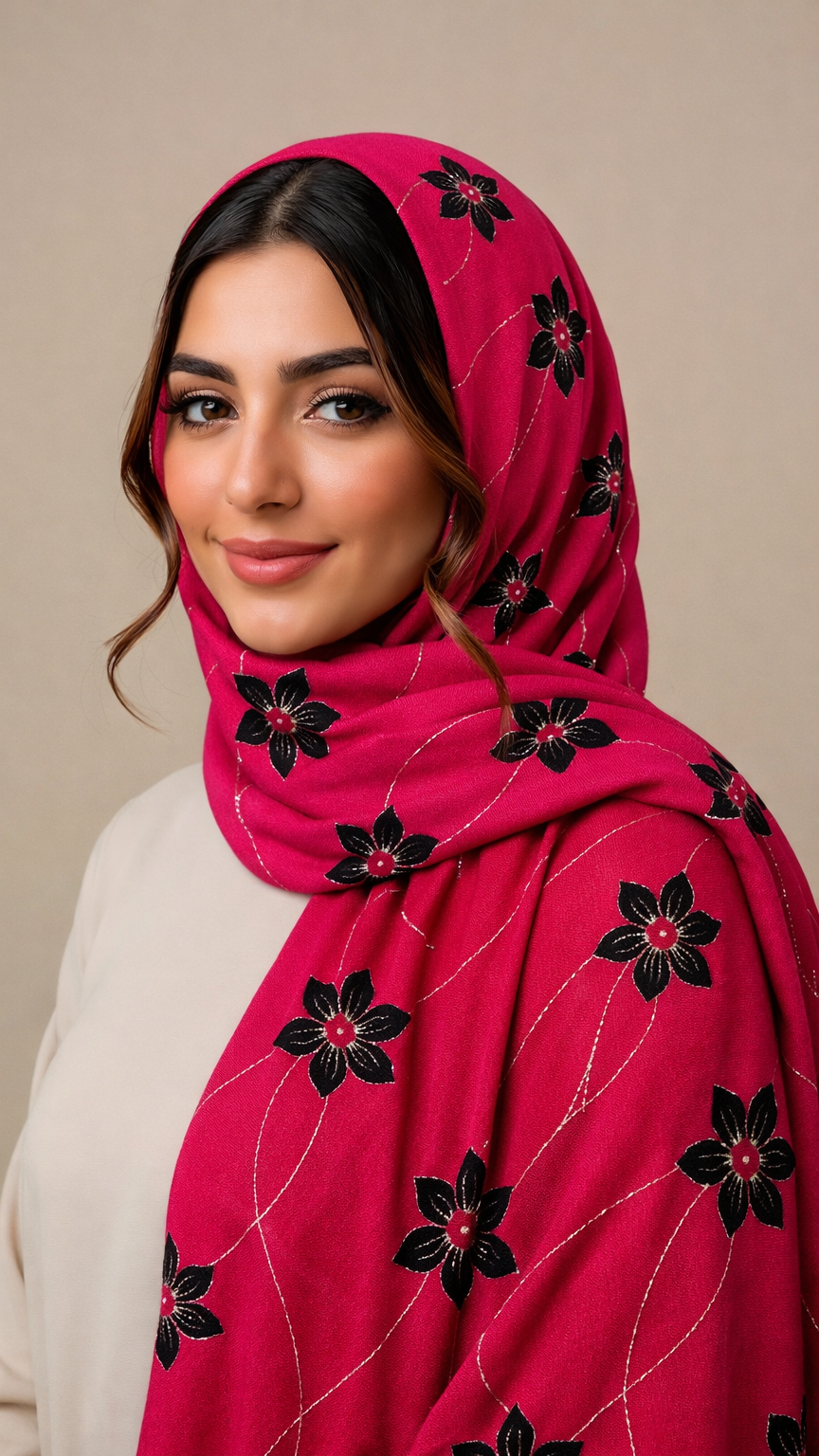 Threaded Lawn Floral Hijab | Floral | Fuchsia Pink