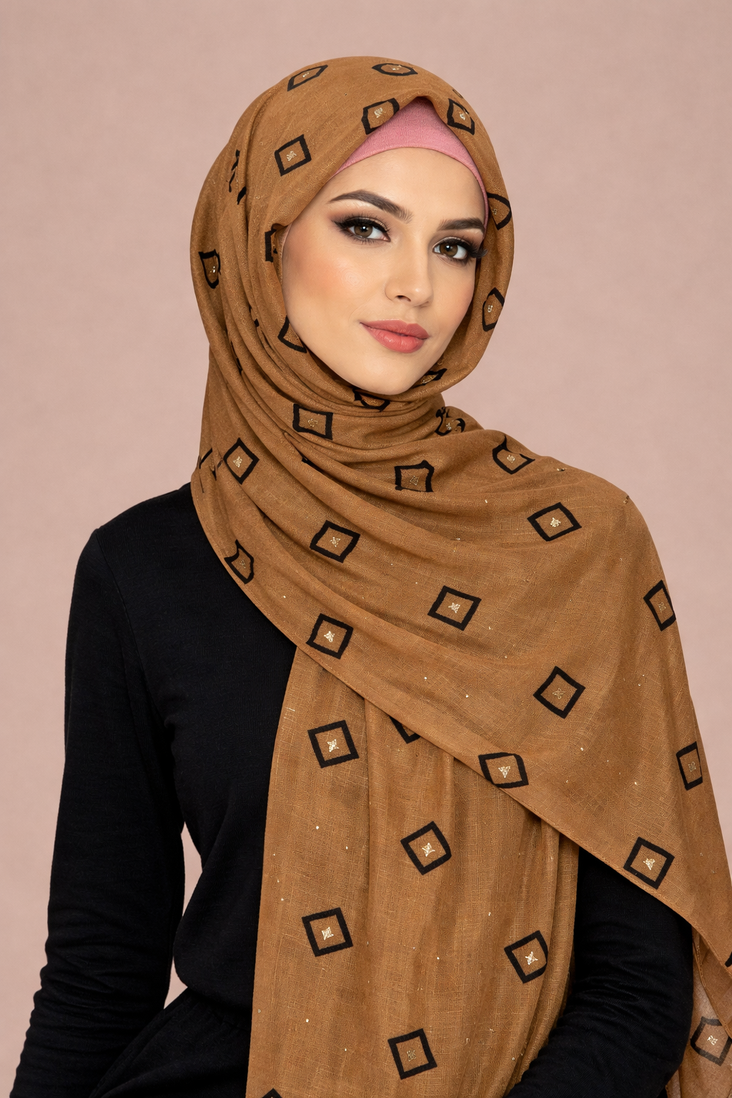 Lawn Block Print Hijab | Shiny Squares | Mocha Brown