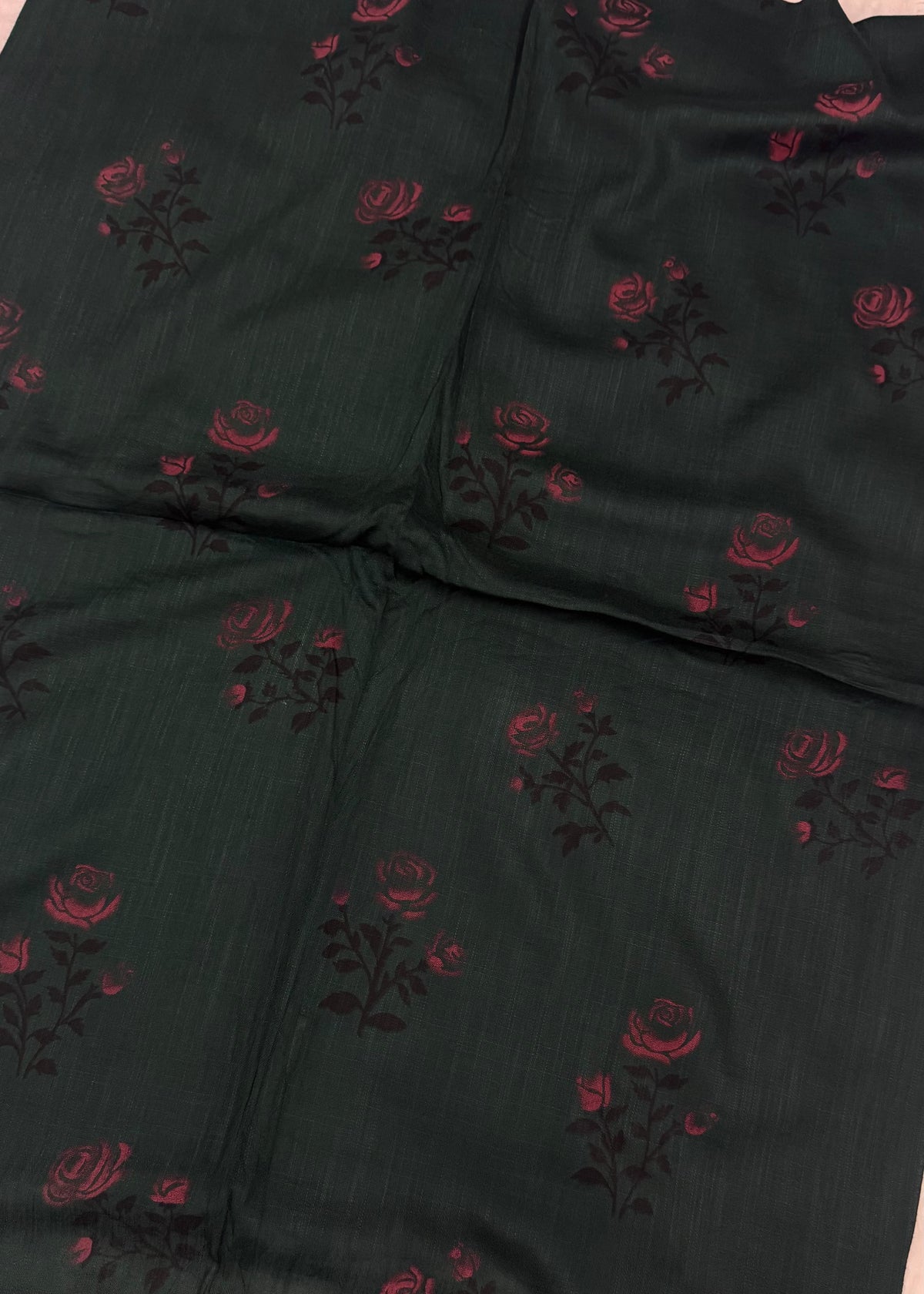 Lawn Block Print Hijab | Roses| Dark Green