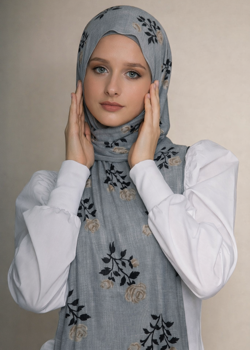 Lawn Block Print Hijab | Roses| Grey