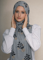 Lawn Block Print Hijab | Roses| Grey