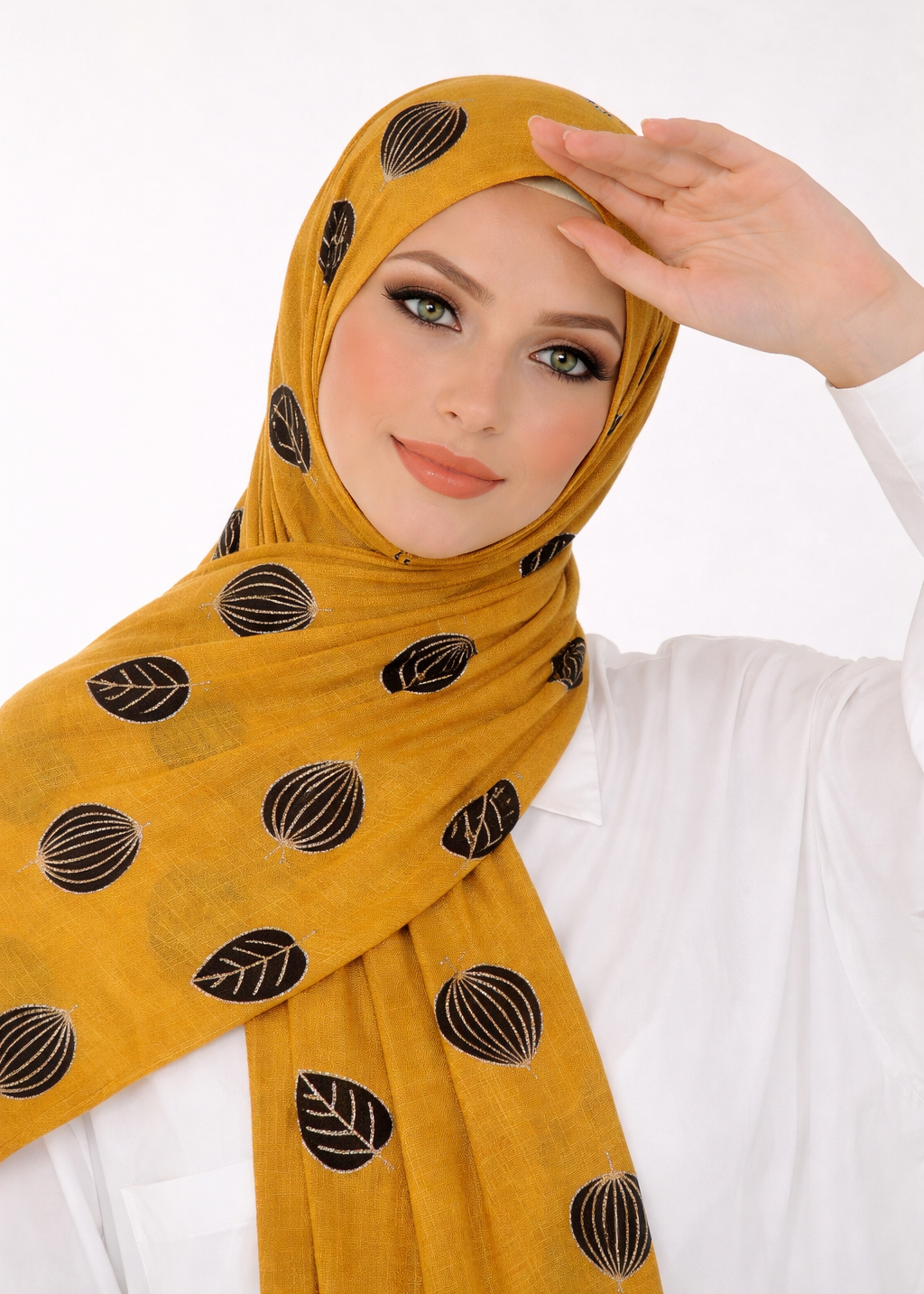 Lawn Block Print Hijab | Shiny Leaf | Mustard