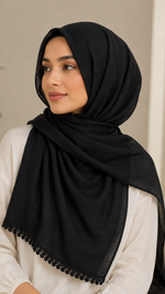 Plain Lawn Black Hijab | One Sided Shimmer Lace