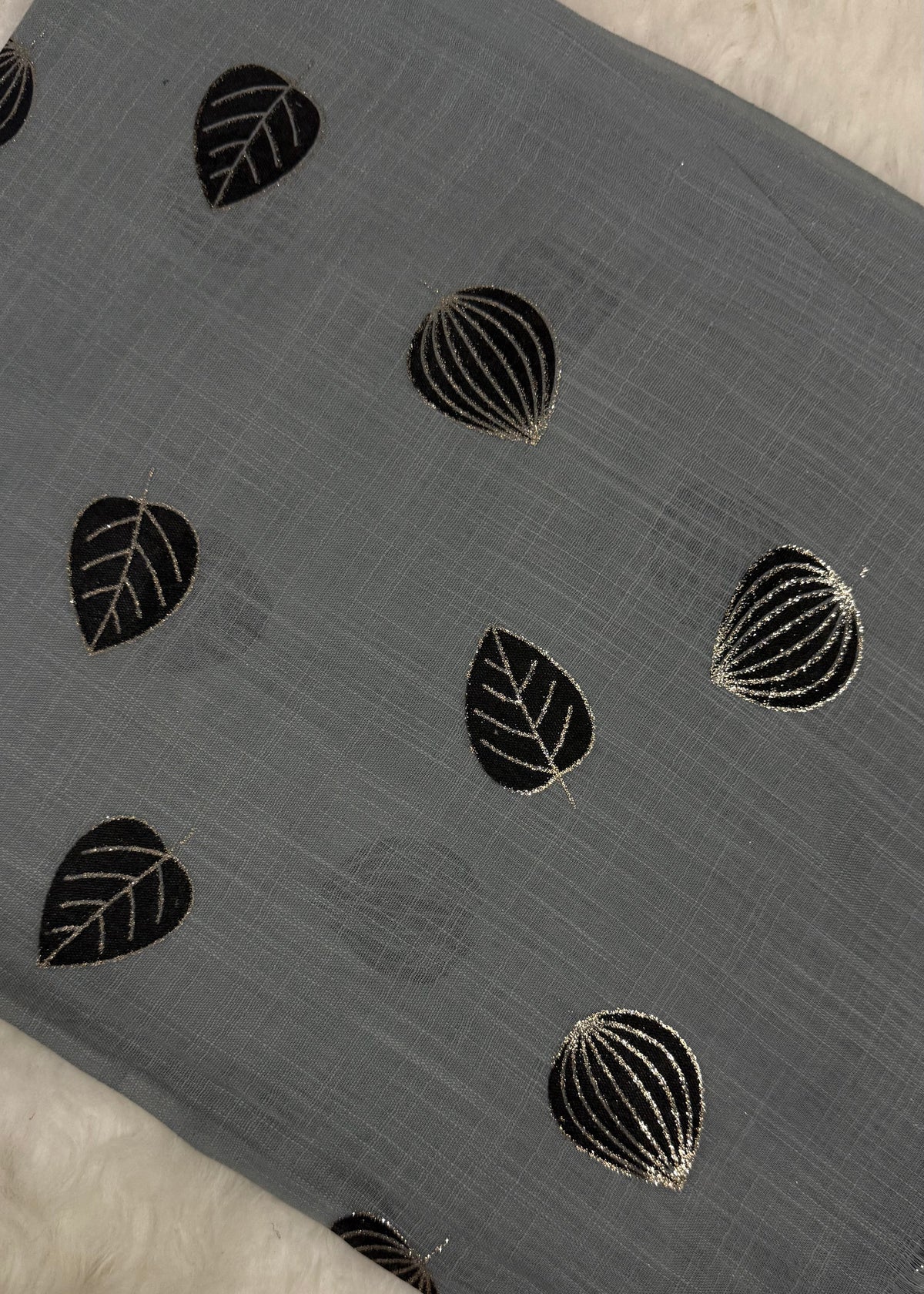 Lawn Block Print Hijab | Shiny Leaf | Grey