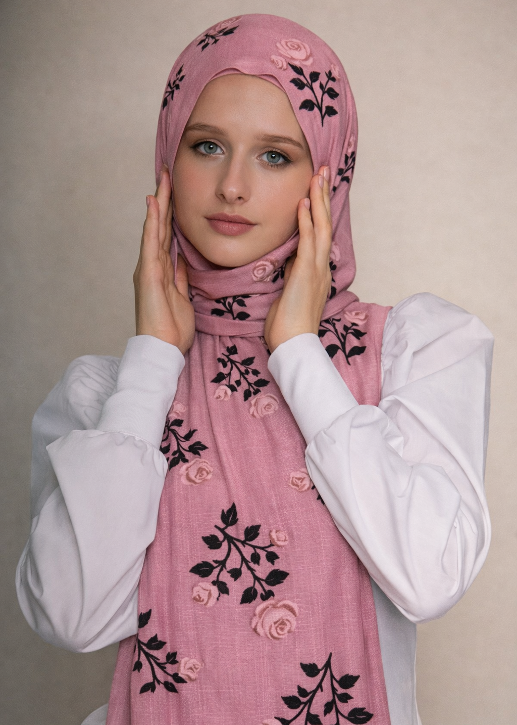Lawn Block Print Hijab | Roses| Muted Pink