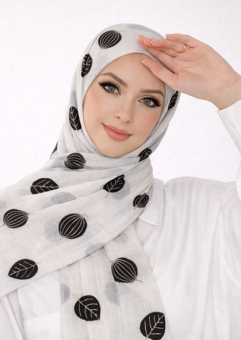Lawn Block Print Hijab | Shiny Leaf | Cream White
