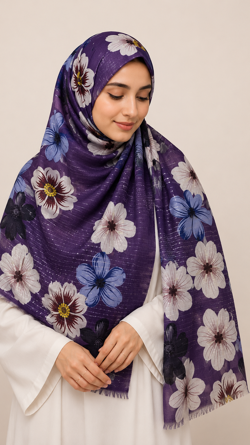 Sequins Bloom Purple | Lawn Printed Hijab with Sequins