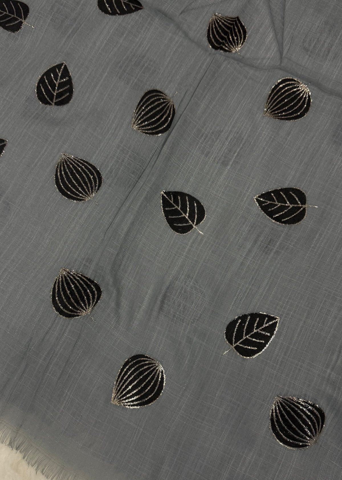 Lawn Block Print Hijab | Shiny Leaf | Grey