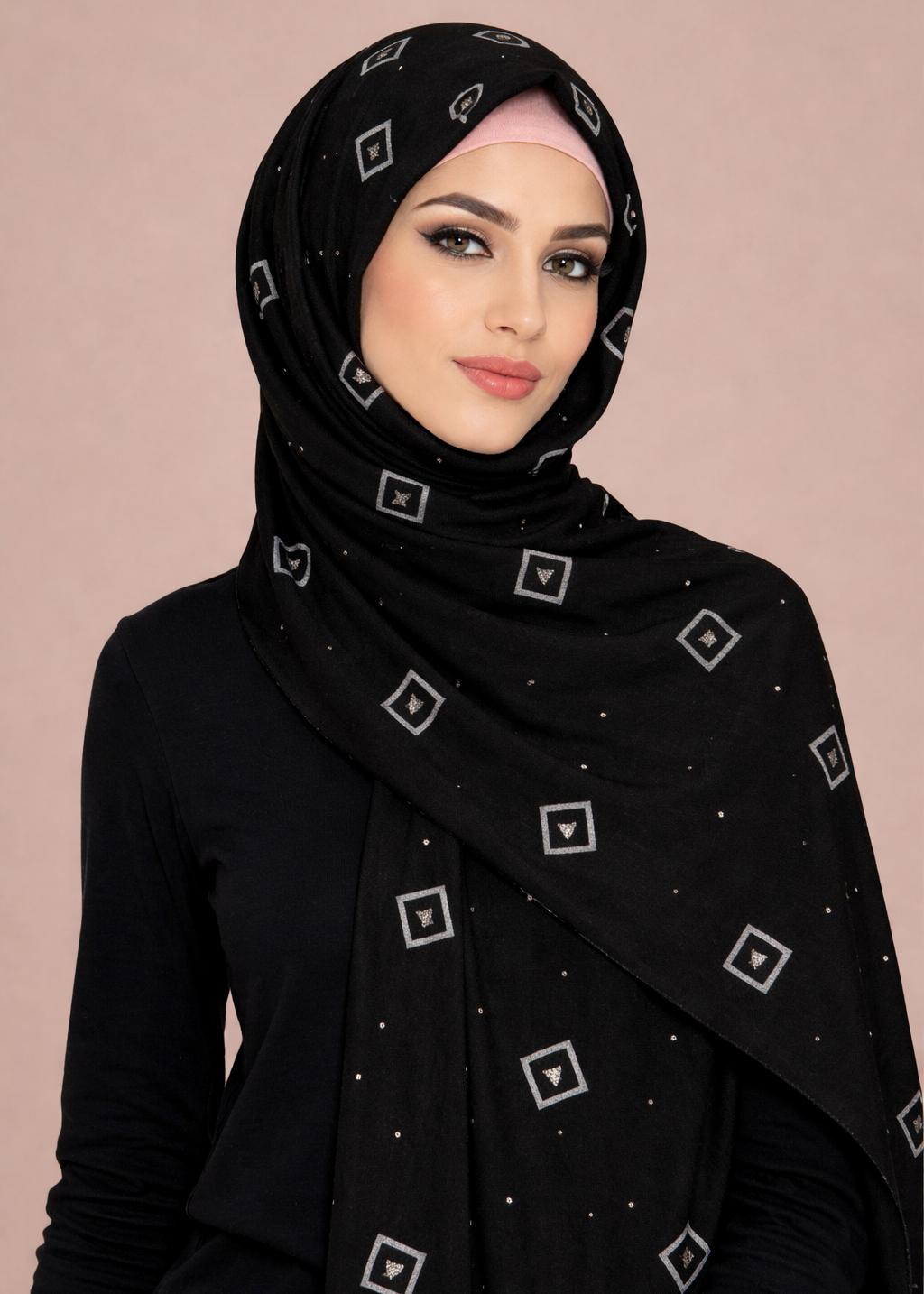 Lawn Block Print Hijab | Shiny Squares | Black