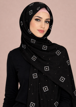 Lawn Block Print Hijab | Shiny Squares | Black