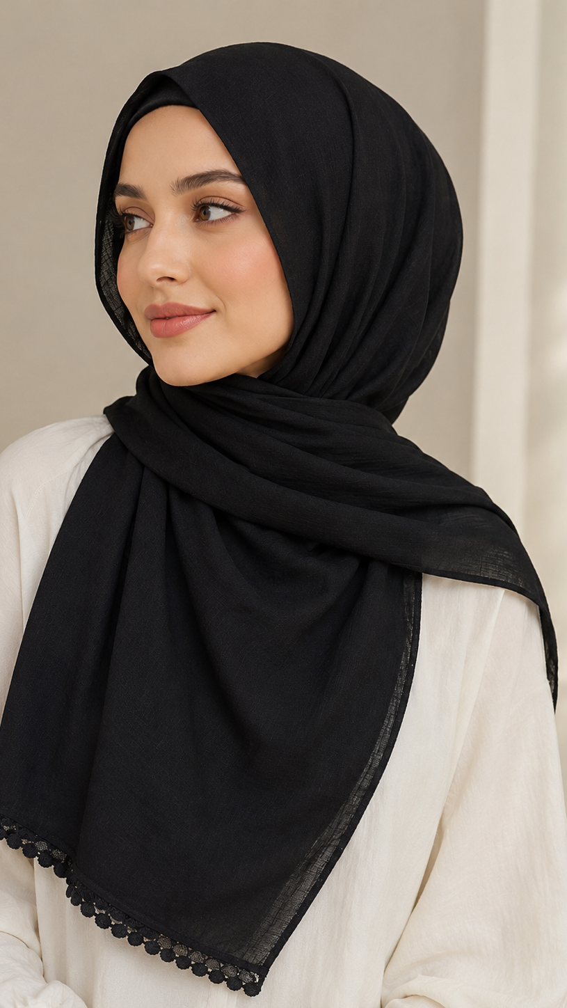 Plain Lawn Black Hijab | One Sided Lace
