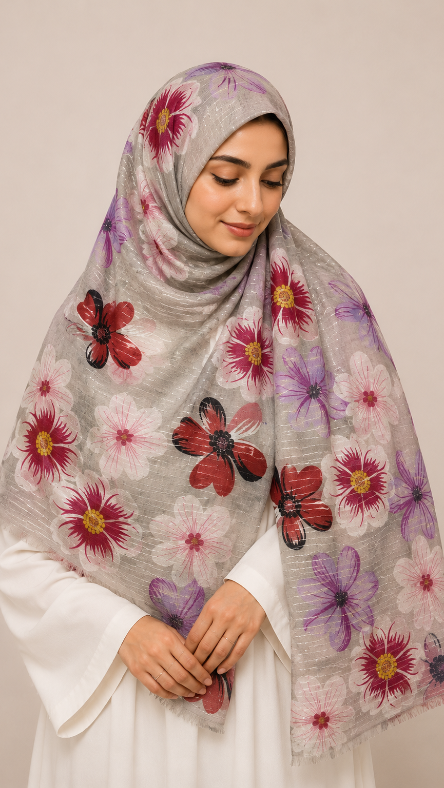 Sequins Bloom Taupe | Lawn Printed Hijab with Sequins