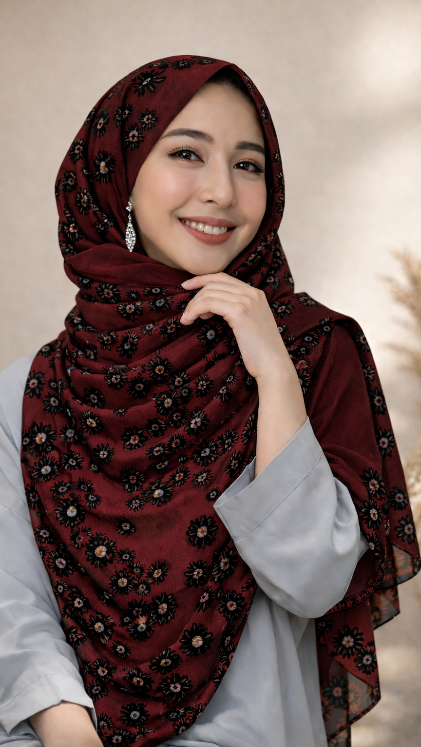 Lawn Block Print Hijab | Floral | Maroon