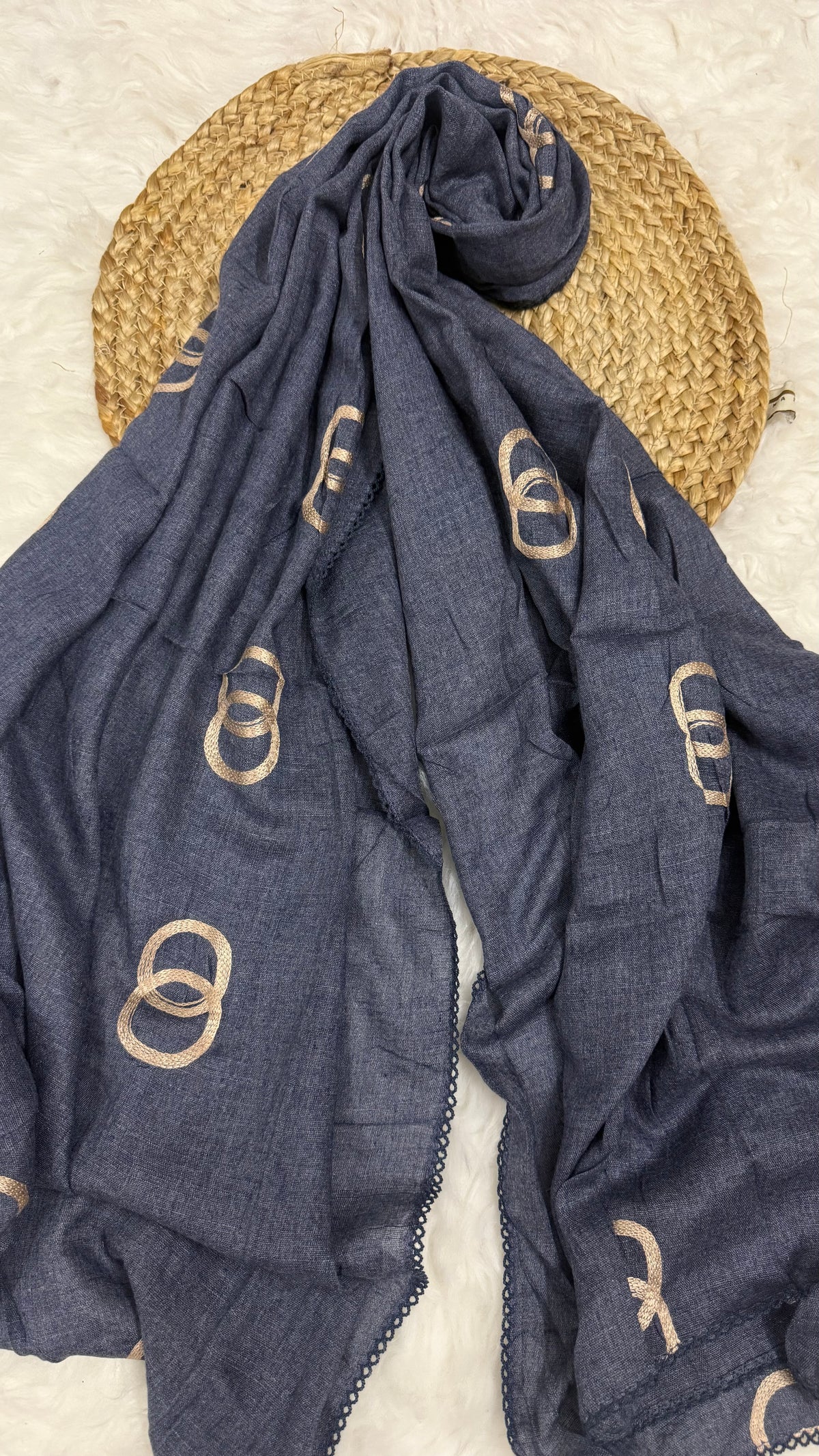 Lawn Ringset Embroidered Hijabs (XL) | Denim Blue