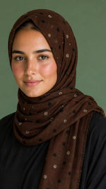 Lawn Block Print Hijab | Shinny Polka Dots | Dark Brown