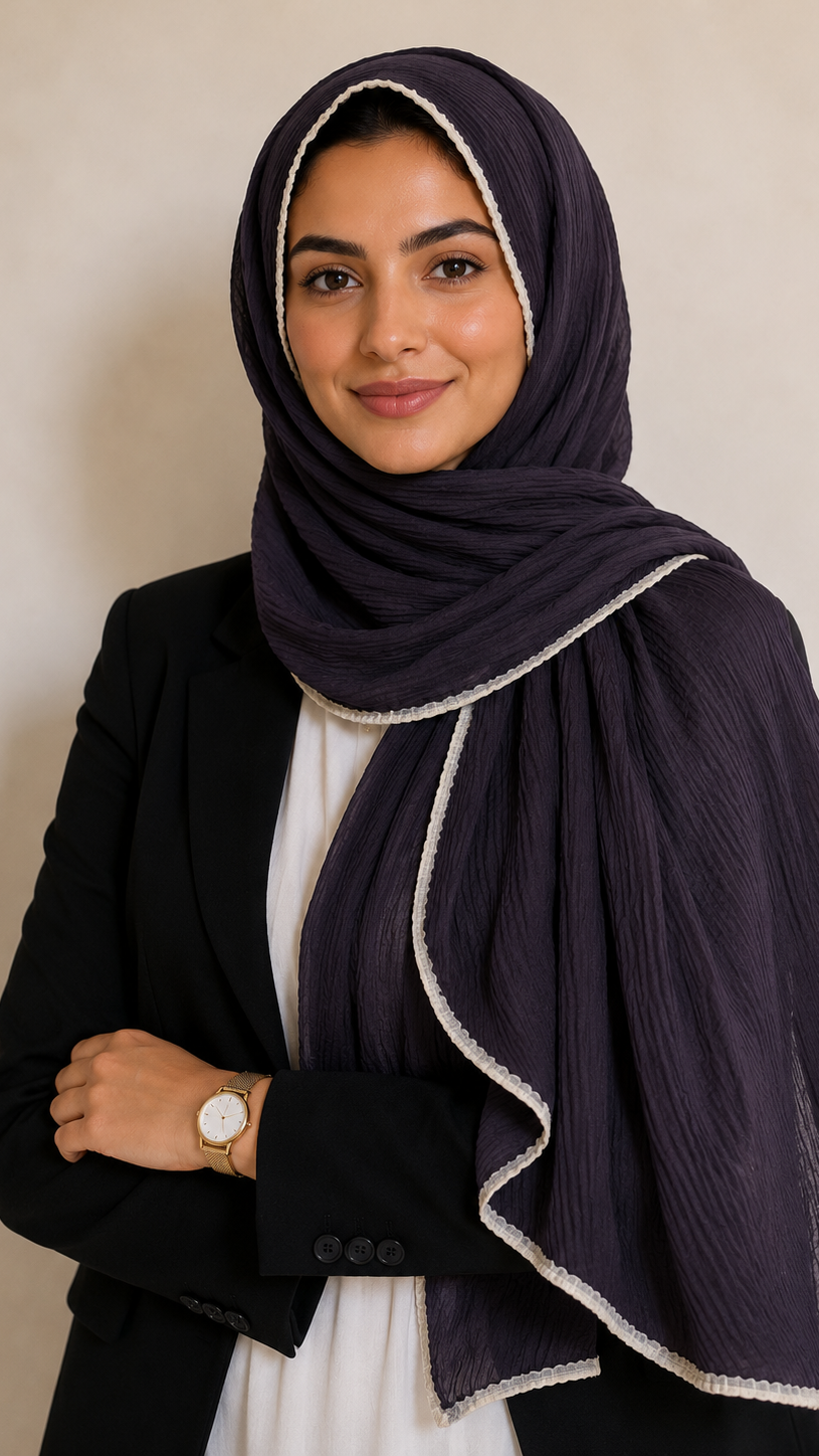Soft Crinkle Lawn Hijab with Borders | Dark Mauve