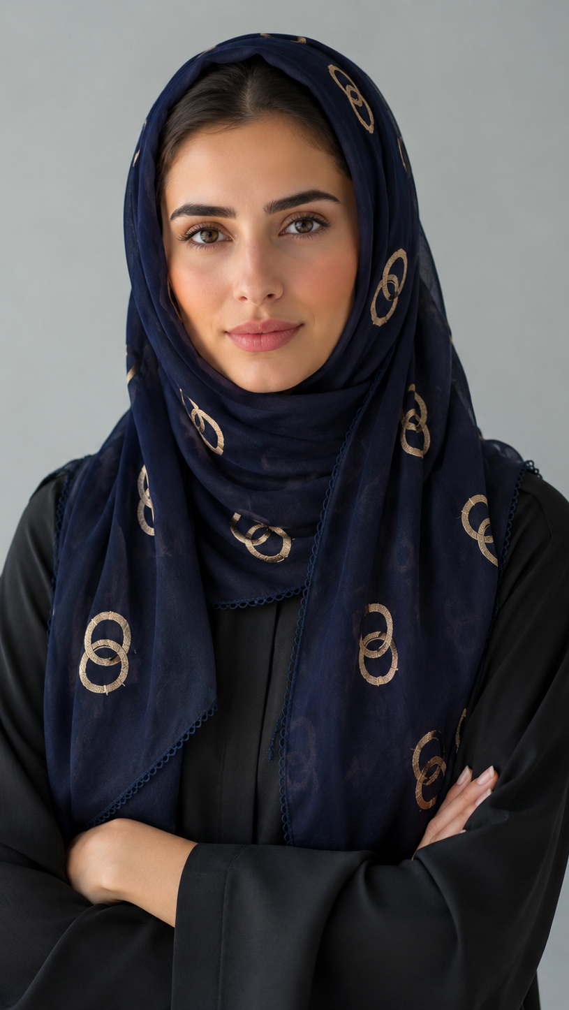 Lawn Ringset Embroidered Hijabs (XL) | Dark Blue