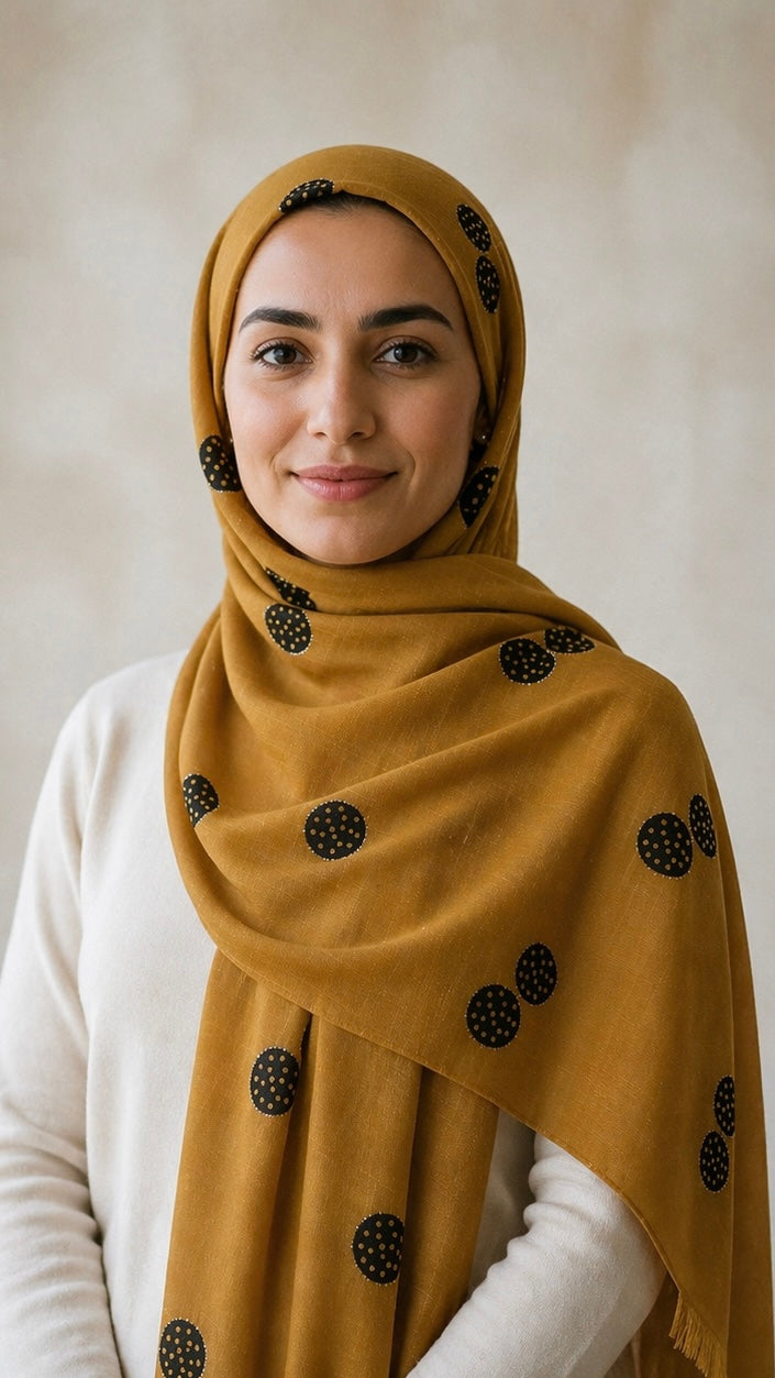 Lawn Block Print Hijab | Shinny Circles | Mustard