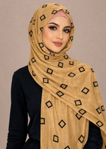 Lawn Block Print Hijab | Shiny Squares | Beige