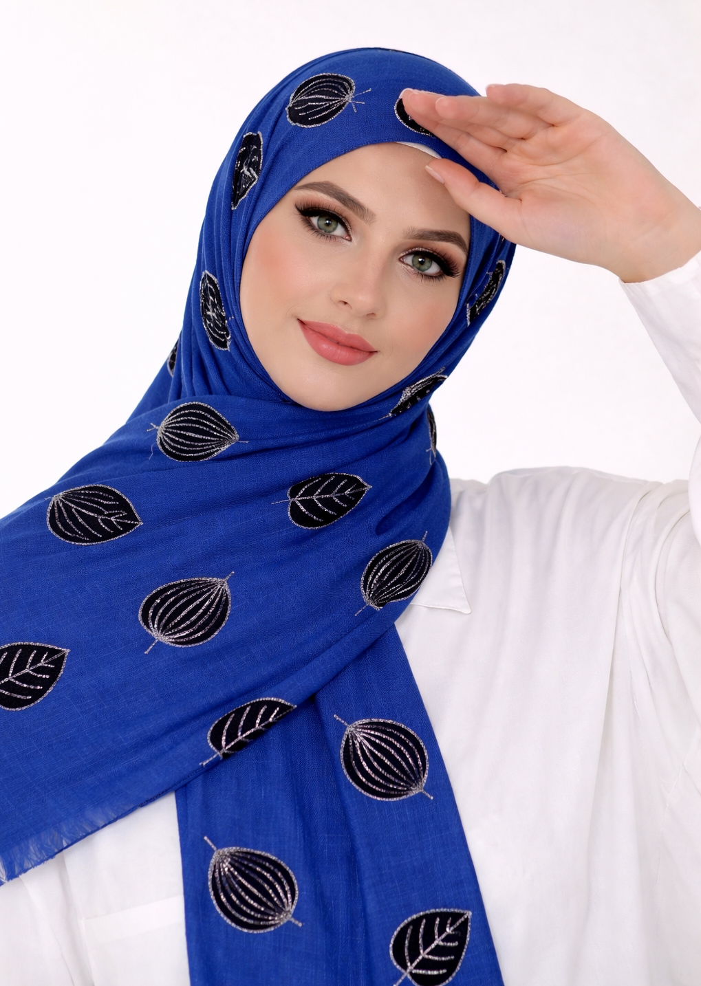 Lawn Block Print Hijab | Shiny Leaf | Blue