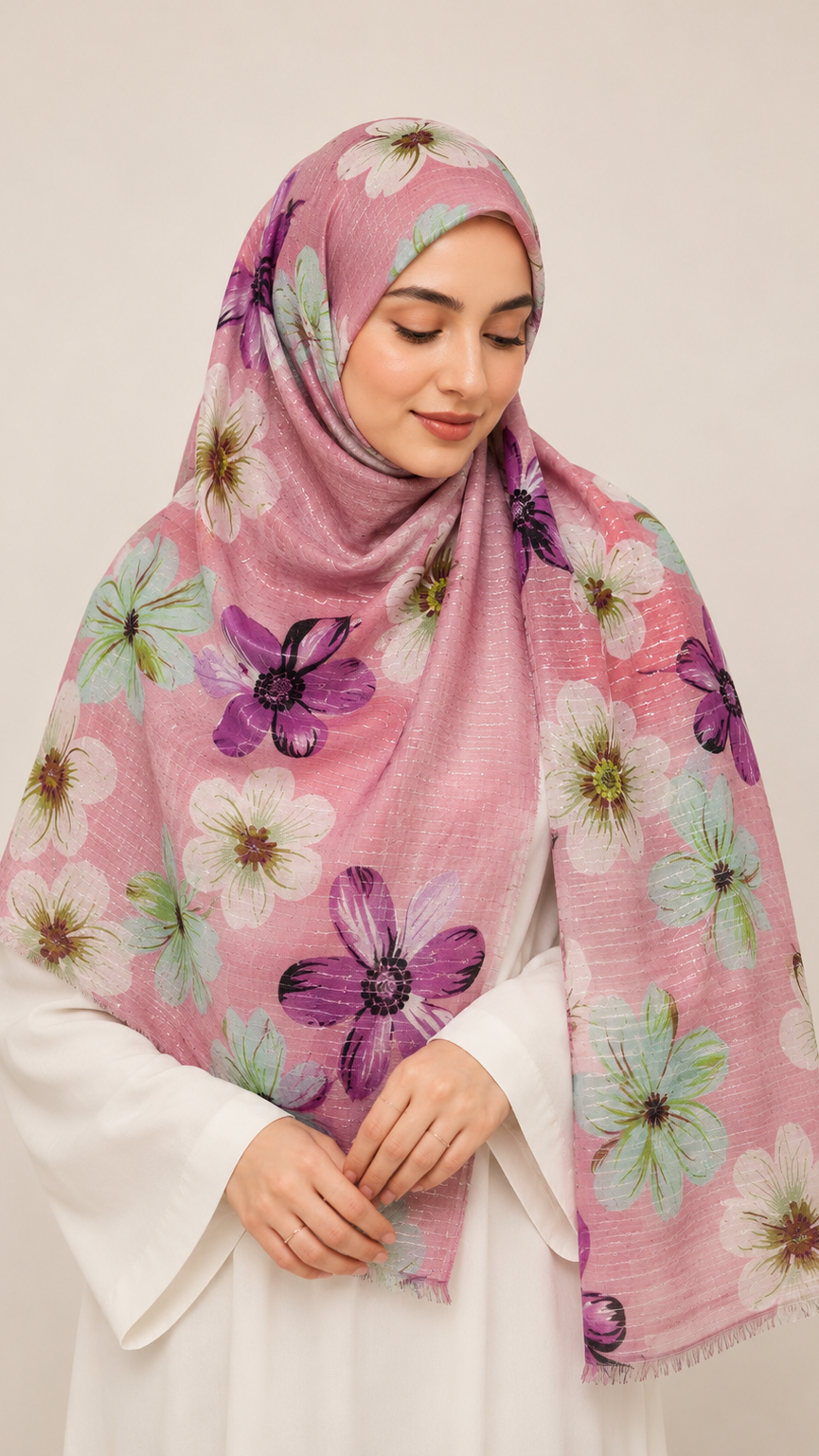 Sequins Bloom Pink | Lawn Printed Hijab with Sequins