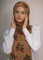Lawn Block Print Hijab | Roses| Mocha Brown