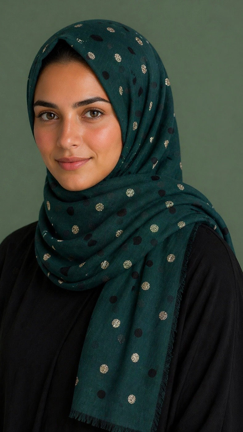 Lawn Block Print Hijab | Shinny Polka Dots | Dark Green