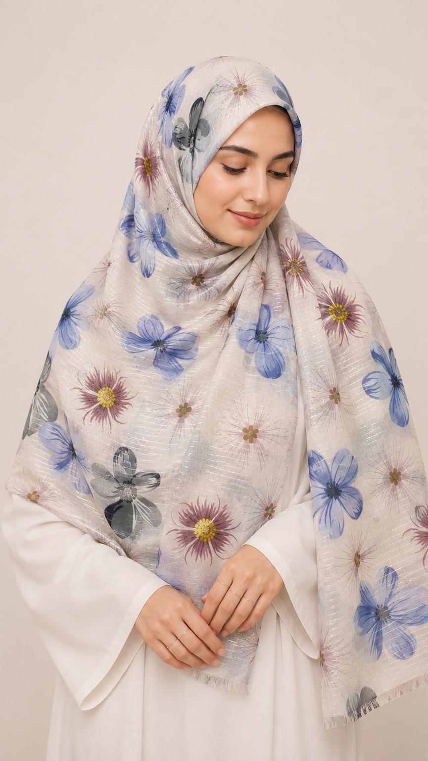 Sequins Bloom Pearl | Lawn Printed Hijab with Sequins