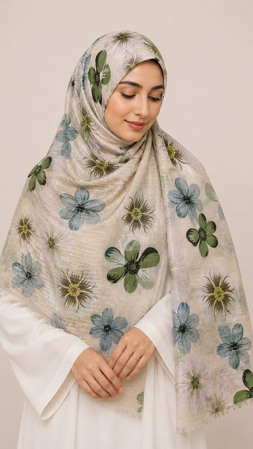 Sequins Bloom Ivory | Lawn Printed Hijab with Sequins