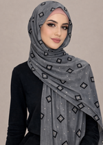 Lawn Block Print Hijab | Shiny Squares | Grey