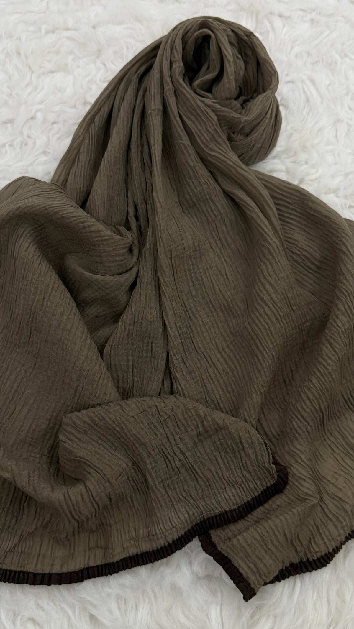 Soft Crinkle Lawn Hijab with Borders | Olive Taupe