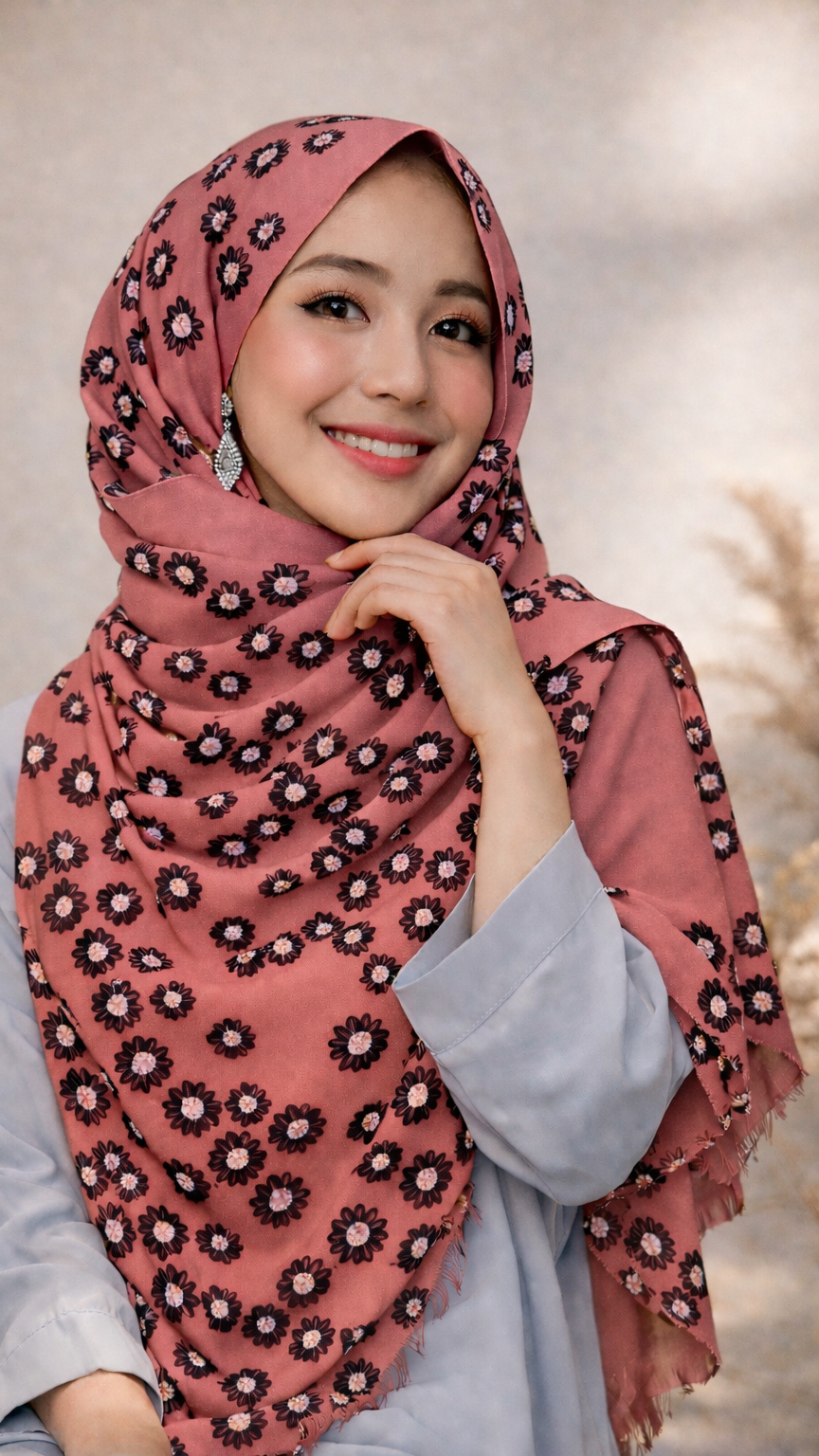 Lawn Block Print Hijab | Floral | Dusty Rose