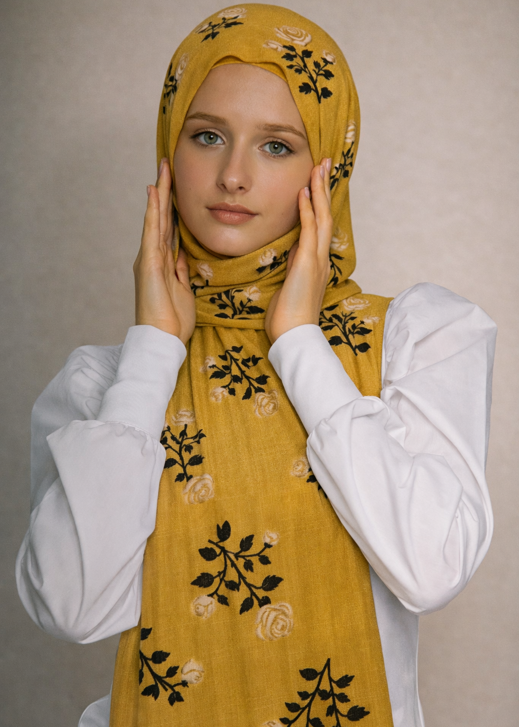 Lawn Block Print Hijab | Roses| Mustard