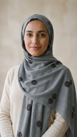 Lawn Block Print Hijab | Shinny Circles | Grey