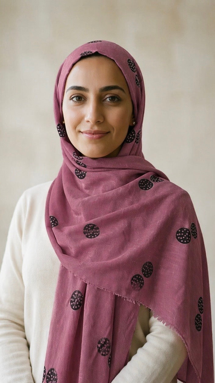 Lawn Block Print Hijab | Shinny Circles | Muted Pink