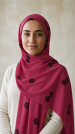 Lawn Block Print Hijab | Shinny Circles | Fuchsia Pink